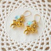 'Magic tears' unicorn earrings fairytale - 'Treasures' collection - aqua blue and gold tones, vintage style