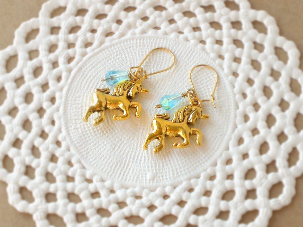 'magic Tears' Unicorn Earrings Fairytale - 'treasures' Collection - Aqua Blue And Gold Tones, Vintage Style