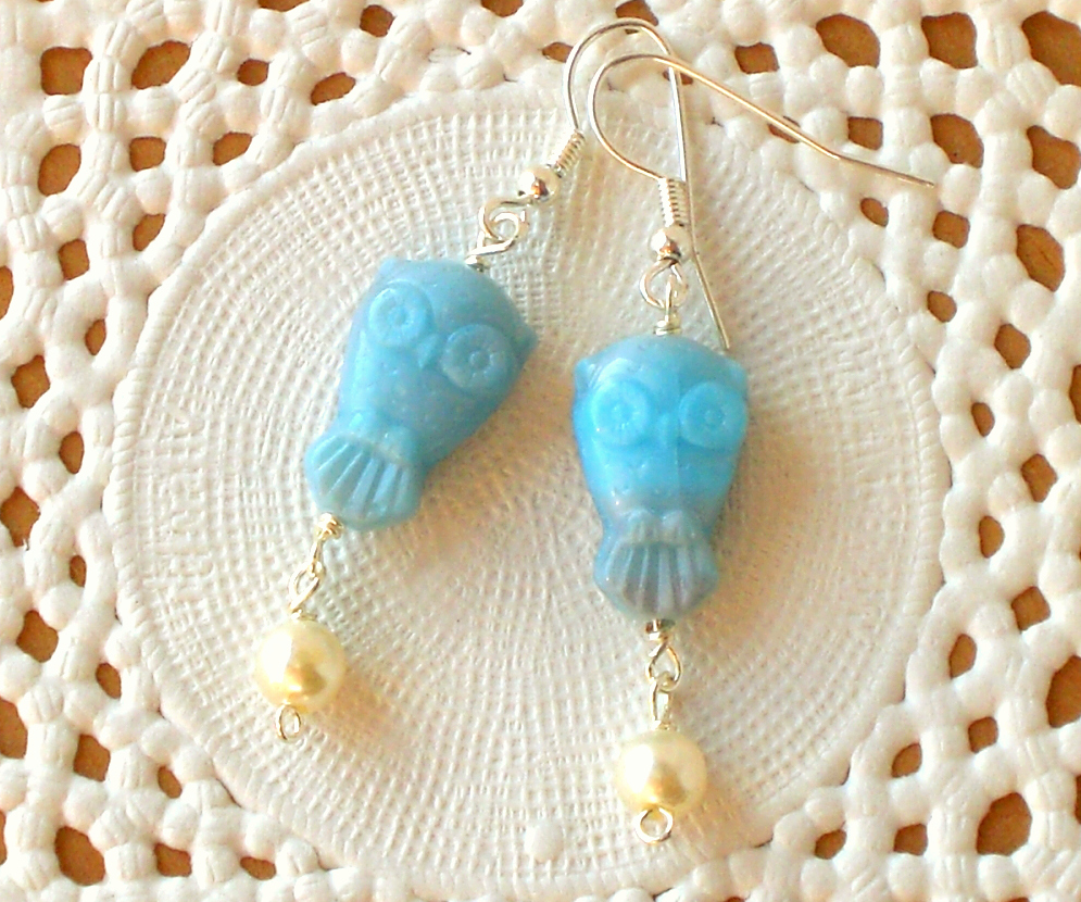 'Wisdom' 01, blue owl earrings - 'Treasures' collection - aqua blue, vintage style jewelry