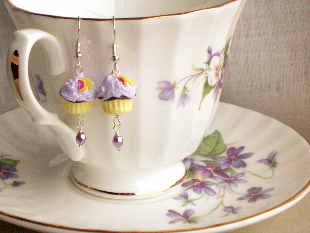 Girl Cupcake Earrings In Lilac And Yellow, Polymer Clay, Children Kids Jewelry