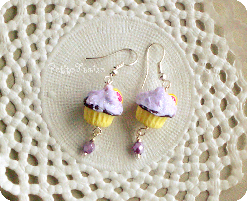 Girl Cupcake Earrings In Lilac And Yellow, Polymer Clay, Children Kids Jewelry on Luulla