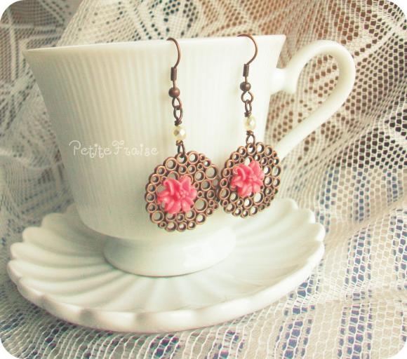 Vintage Style Earrings Retro Jewelry "elara" - 'treasures' Collection Antiqued Copper, Coral Pink