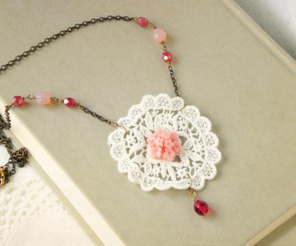 Emma Necklace - 'treasures' Collection, Lace Doily Vintage Retro Style, White And Pink