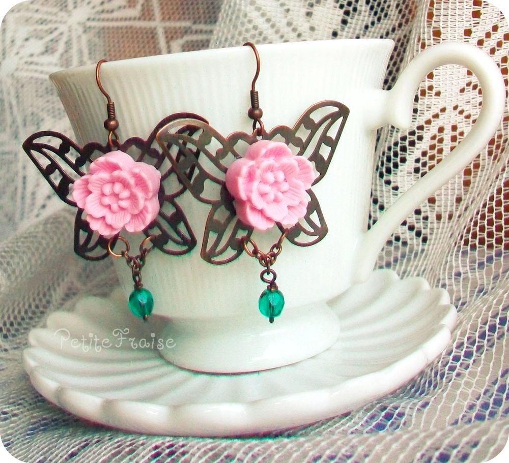 Rosa Silvana, Butterfly Earrings - 'treasures' Collection, Vintage Style, Pink And Teal