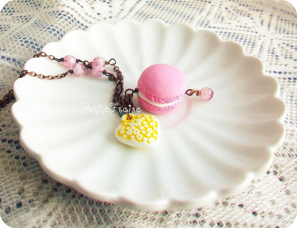 "oh La La Macaron Parisien à La Fraise", French Macaron Necklace In Pink And Yellow, Vintage Style