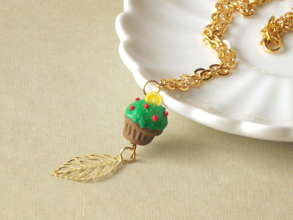 Christmas Tree Cupcake Necklace, In Green, Red, Yellow And Brown, Gold Filled, Polymer Clay Food
