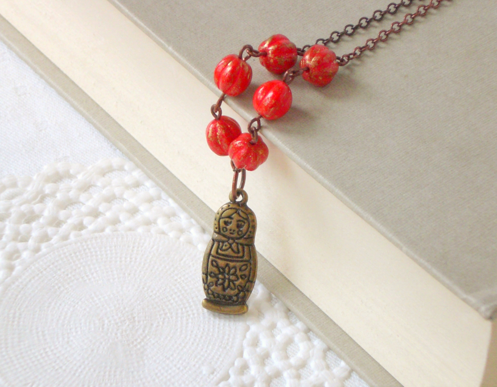 Red Beauty Necklace - 'treasures' Collection, Matryoshka Charm Necklace, Vintage Style Jewelry