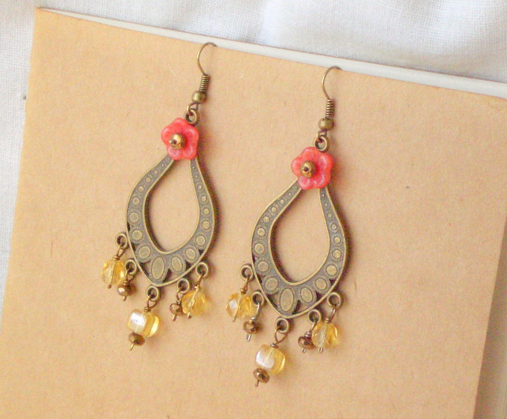 "gitana" Earrings - 'treasures' Collection, Gypsy Boho Jewelry, Coral Red Flower Amber Yellow