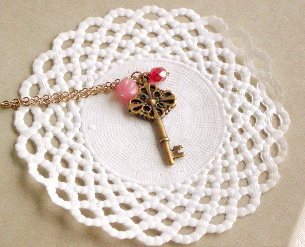 Old Secret Necklace - 'treasures' Collection, Key Necklace Vintage Style Jewelry, In Milky Pink And Fuchsia