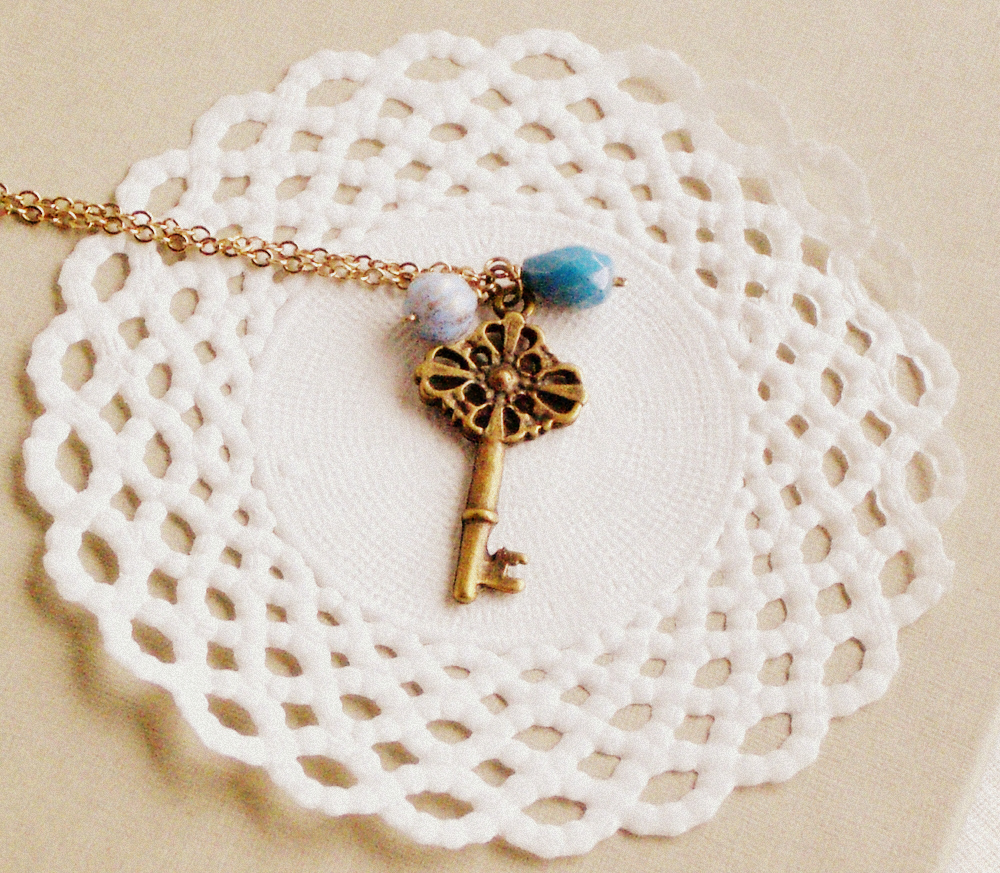 Old Secret necklace - 'Treasures' collection, Key necklace vintage style jewelry, in powder blue