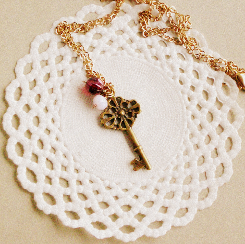 Old Secret Necklace - 'treasures' Collection, Key Necklace Vintage Style Jewelry, In Ruby Red And Powdery Pink