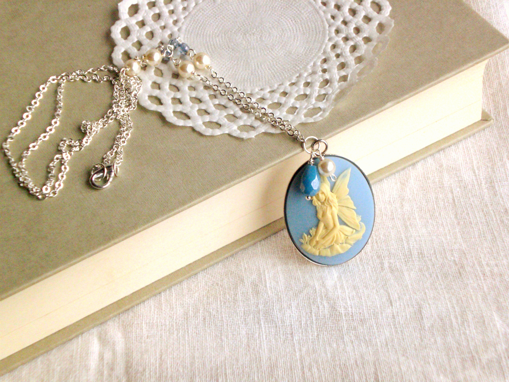 'fairy Lisbeth' In Silver Tones, Cameo Necklace- 'treasures' - Blue, White, Victorian Jewelry, Vintage Style