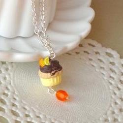 Cupcake necklace for kids, in yellow, brown and orange, polymer clay, girl jewelry