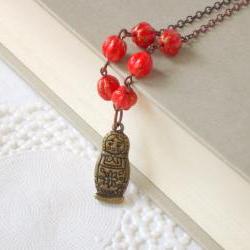 Red beauty necklace - 'Treasures' collection, Matryoshka Charm necklace, vintage style jewelry