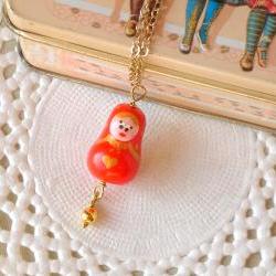 Children Matryoshka necklace, in red and gold, polymer clay, girls jewelry, Valentine jewelry
