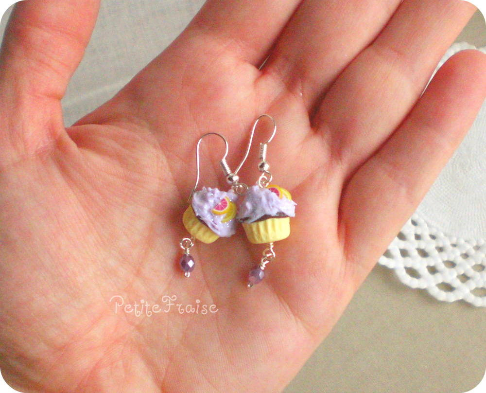 Girl Cupcake Earrings In Lilac And Yellow, Polymer Clay, Children Kids Jewelry on Luulla